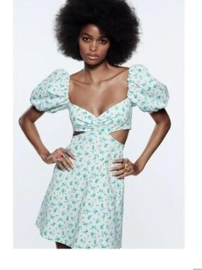 Zara Mint Floral Cutout Puff-Sleeve Mini Dress